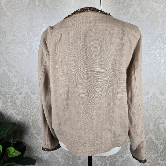 Carole Little Petite Size PXL Tan Linen Jacket Snap Front Beaded Detail Lined - Picture 7 of 12